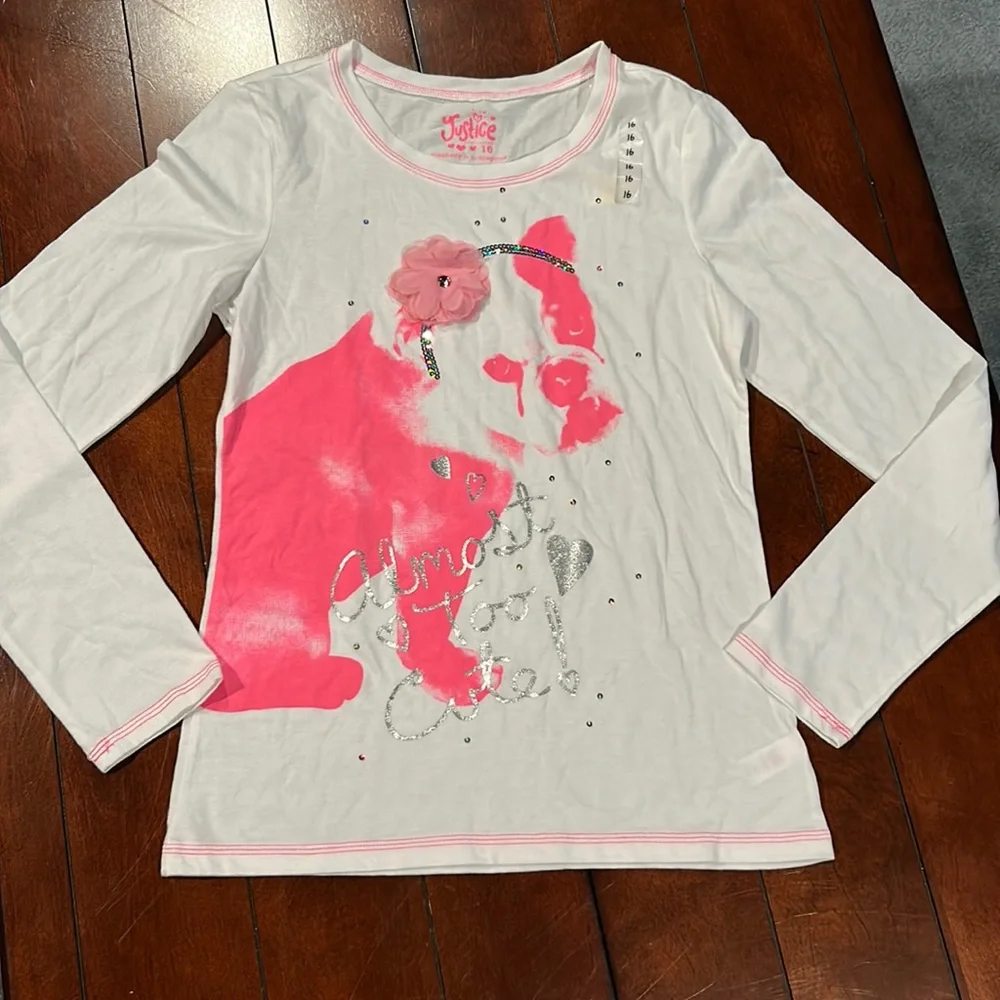NWT Justice Pink White Bulldog Almost Too Cute Long Sleeve Top Size 16 - Picture 1 of 13